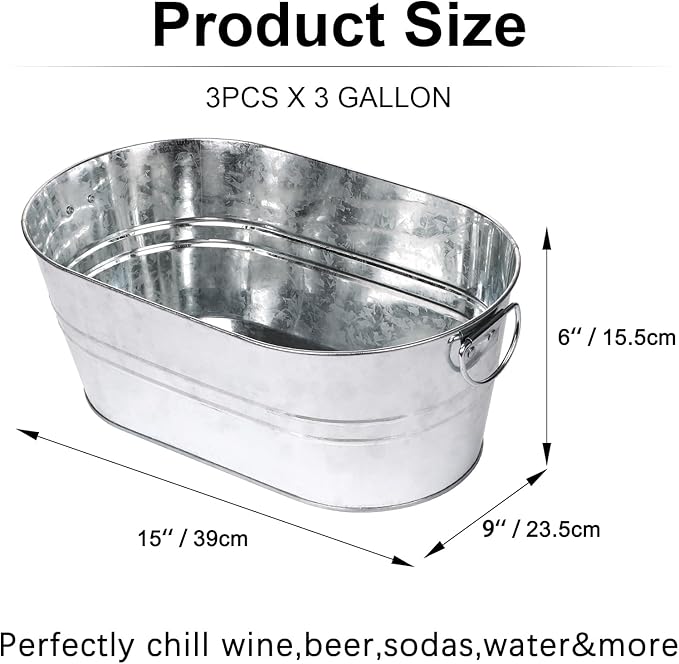 Galvanized Tub Beverage Tubs, 3pcs Metal Ice Buckets for Cocktail Bar 3 Gallon Wine Beer Drink Buckets with Handles Large Tin Tub Cooler Mimosa Bar Supplies Ice Bucket (Galvanized)