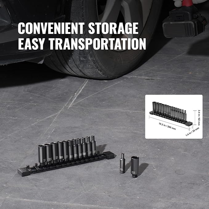 VEVOR 1/4" Drive Impact Socket Set, 14 Piece Deep Socket Set Metric 4-15mm, 6 Point Cr-Mo Alloy Steel for Auto Repair, Easy-to-Read Size Markings, Rugged Construction, Socket Organizer