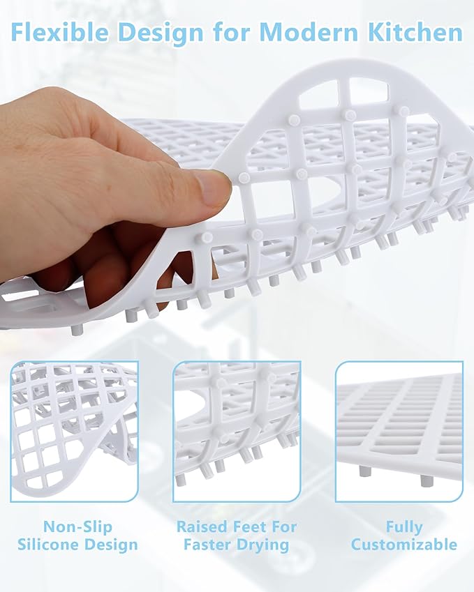 2 Pack Silicone Sink Protector for Kitchen Sink, Lozenge Pattern 12 x 11" Sink Grid Mat Silicone Protectors, Center Drain, White