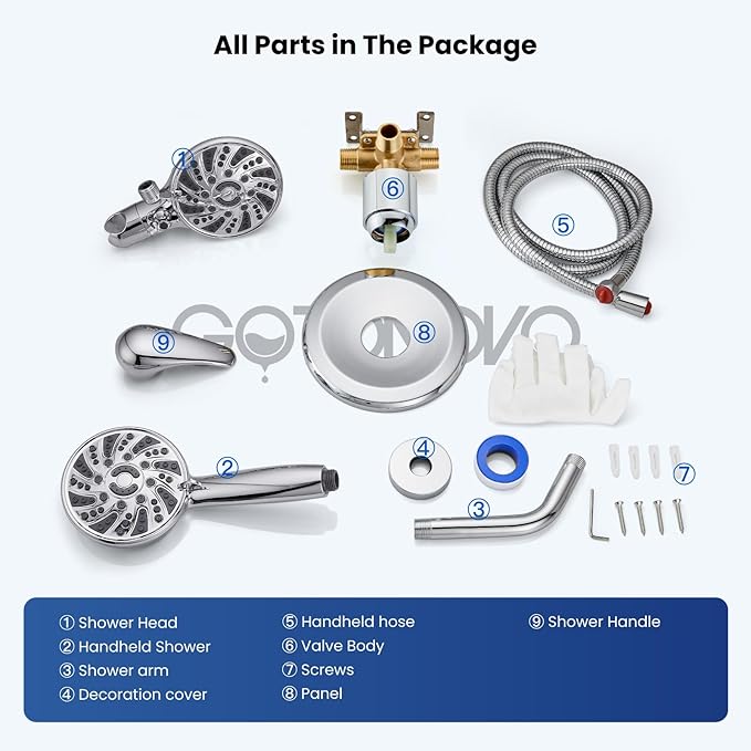 gotonovo Dual 2 in 1 Shower Head Kit High Pressure Combo System Shower Faucet 6 Modes ABS Handheld Spray Shower Trim Kit with Valve Shower Head and Handle Set Polished Chrome