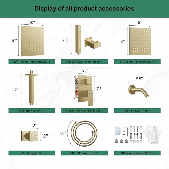 VANFOXLE Shower Faucet Set Brushed Gold Shower System,Four Modes Shower Faucet with 2 in 1 Handheld,Ceiling Mount 10 Inch Shower Head with 6 Inch Shower Head, 4 PCS Dual Modes Body Jets