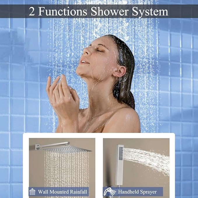 Shower Faucet Set 16 Inch Wall Mount Rain Shower System, All Metal Shower Fixtures - Brushed Nickel