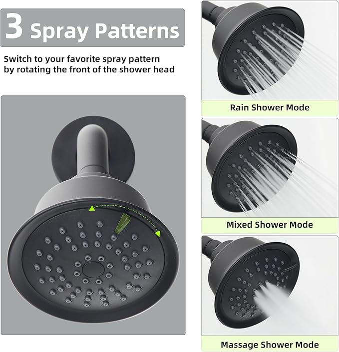 2 Handle Shower Faucet,Wall Mounted Two Handles Shower Faucet Set with 3 Modes Rainfall Shower Head,2 Knobs Single Function Shower Trim Kit with Rough-in Valve,Matte Black,1A3MK