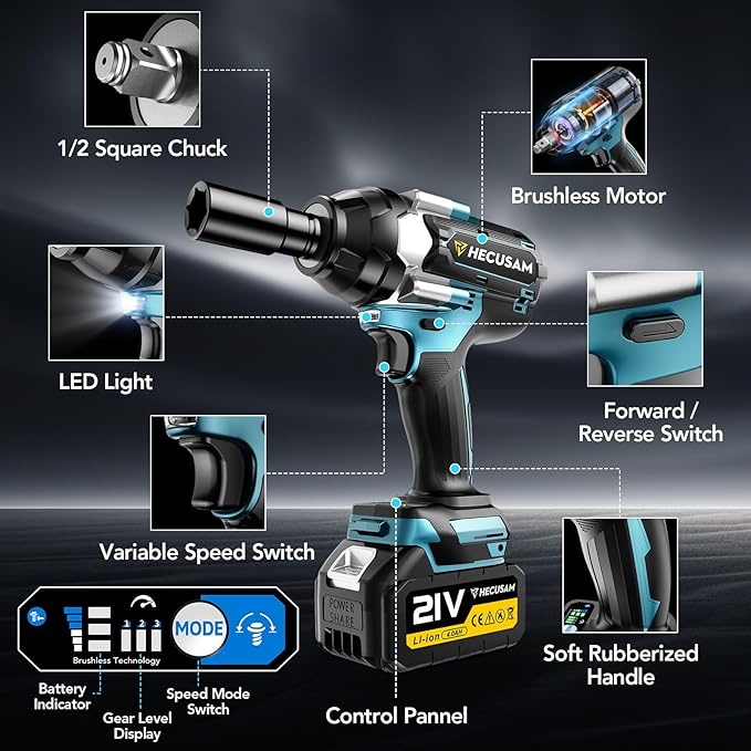 1/2" Cordless Impact Wrench, 1000N.m (740Ft-lbs) Brushless Impact Gun, 2x4.0Ah Batteries, Max 2700RPM with Reverse Auto-Stop & LED Light for Car Truck Lug Nuts, Auto Repair, Industrial & DIY