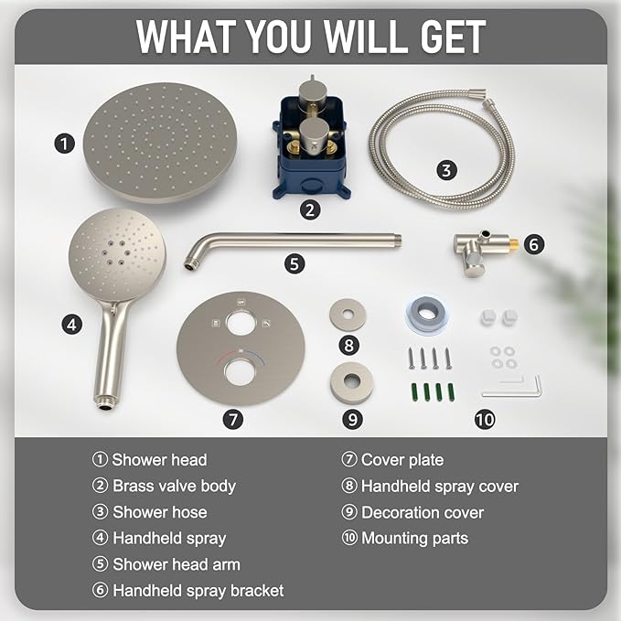 Iriber Thermostatic Shower System Wall Mount with 10 Inch Roud Rainfall Shower Head and Handheld,Shower Faucet Mixer Trim Kit (Valve Included),Brushed Nickel