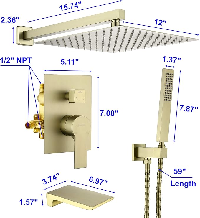 SHAMANDA Shower System with Waterfall Tub Spout and Handheld Shower Head, 12" Rain Shower Faucet Sets Complete with Shower Round-in Valve and Trim Wall Mount, Brushed Gold, L101-3