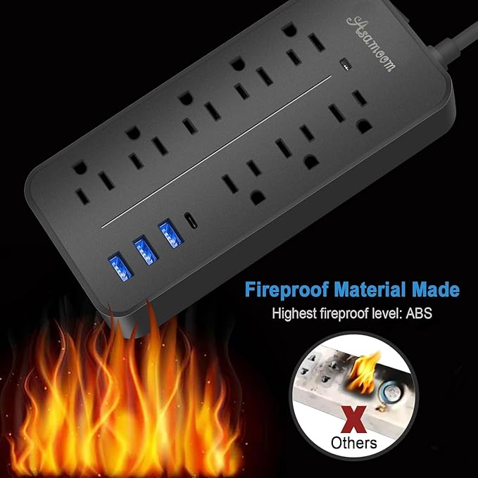 20FT Surge Protector Extension Cord with Flat Plug, 8 Outlets, 3 USB A & 1 USB-C Port, 1700J Wall Mount Desk Power Strip Black, ETL Listed