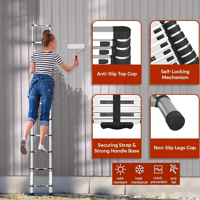 Telescoping Ladder, Aluminum Lightweight Extension Ladder with 2 Stable Hooks, 2 Triangle Stabilizers & Non-Slip Feet, Heavy Duty 330 Lbs Max Capacity (16.5 FT)