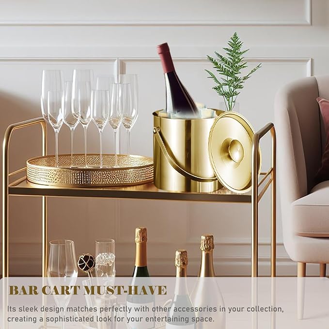 Gold Ice Bucket with Lid, Handle and Tong Insulated Stainless Steel Champagne Bucket 3L Wine Bucket for Party Bar Cart Accessories Large Double Wall Bucket Keep Frozen