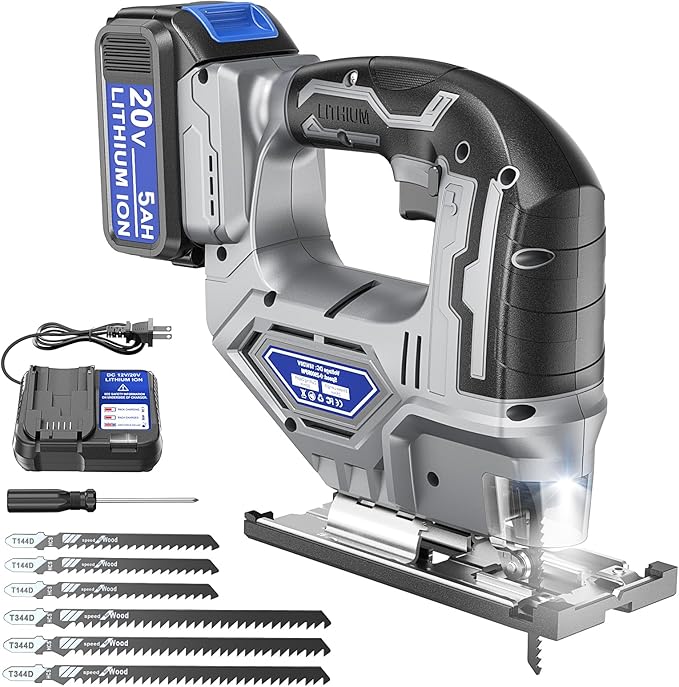 Cordless Jigsaw Tool Compatible with Dewalt 20V Battery, Variable Speed, LED Light, 0°-45° Bevel Cuts, 3-Position Orbital Action, Brushless Motor for Cutting (With 5Ah Battery & Charger Station Kit)