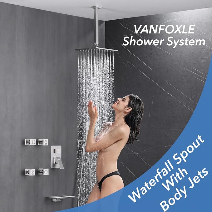 VANFOXLE Shower Faucet Set Brushed Nickel Shower System,Four Modes Shower Faucet with 2 in 1 Handheld,Ceiling Mount 10 Inch Shower Head with Waterfall Spout, 4 PCS Dual Modes Body Jets
