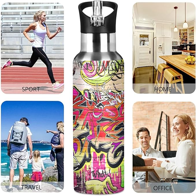 xigua Graffiti Wall Water Bottle, BPA Free Stainless Steel Water Bottle Leak-Proof Sports Bottle for Camping Workouts Gym and Outdoor Activity, 22oz