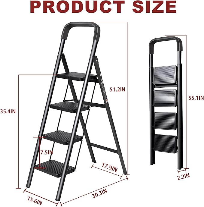 4 Step Ladder with Anti-Slip and Wide Pedal 220 lbs Capacity Folding Step Ladder for Household Kitchen Office(F-Black, 4-Step with Handrail)