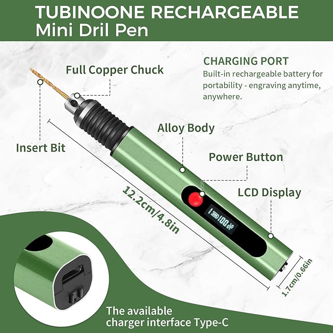 3-Speed Cordless Mini Drill Pen, Rechargeable DIY Electric Hand Drill with 10 Small Drill Bits for Jewelry Making Stone Plastic Resin Keychains-Beginner Friendly (Olive Green)