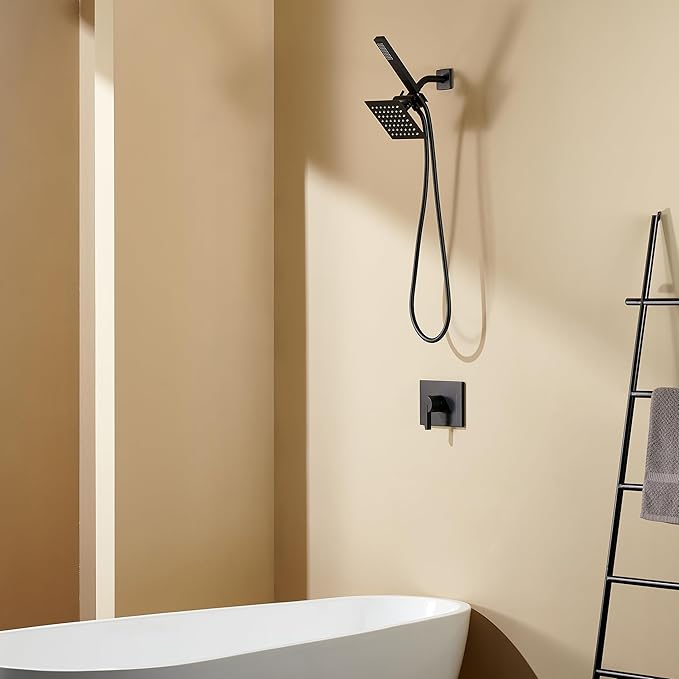 Black Shower Head and Handle Set, Shower Faucet Set Dual Shower Heads with Handheld Spray Combo, All Metal 6" Dual Shower Head Combo and 3-Way Diverter, Black Shower Faucet Set with Valve