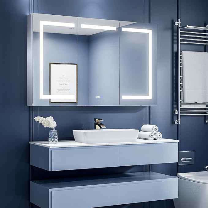 ExBrite LED Lighted Bathroom Medicine Cabinet with Mirror, 48 x 30 Inch, Recessed or Surface Mount, Anti-Fog, Stepless Dimming, Color Temperature Change, Built-in 6000K Sensor Light, Storage Shelves