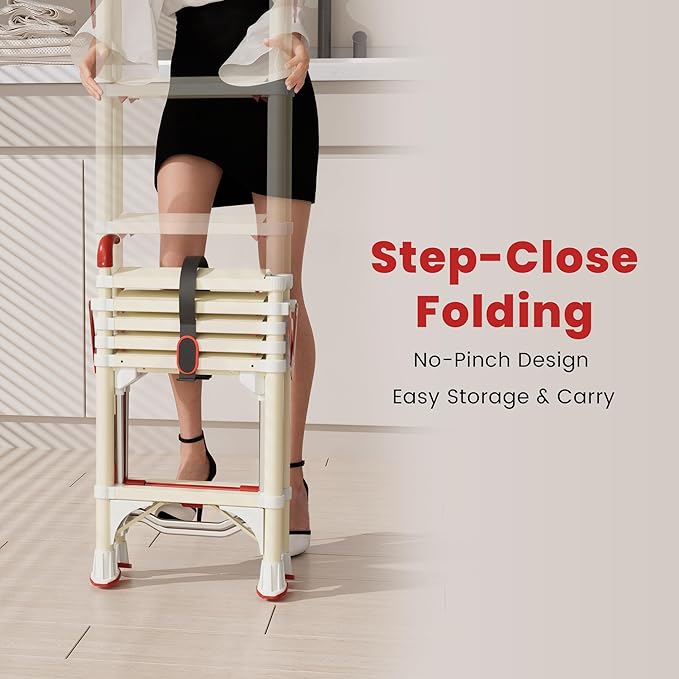 Telescoping 6-Step Ladder, 5.3FT Folding Step Stool with Safety Lock, Wide Non-Slip Pedals & Retractable Handgrip, Heavy Duty 380 lbs for Home & Outdoor