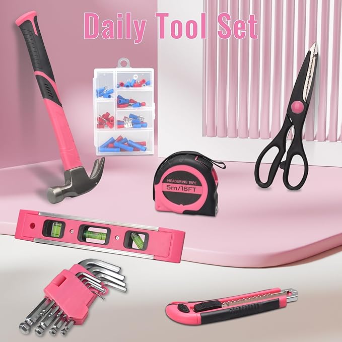 450 Piece Pink Tool Set with Chrome-Vanadium Steel Tools - Home, Car & Workshop Repair Kit for Women, Non-Slip Grip, Snap -Tight Toolbox with Drawer