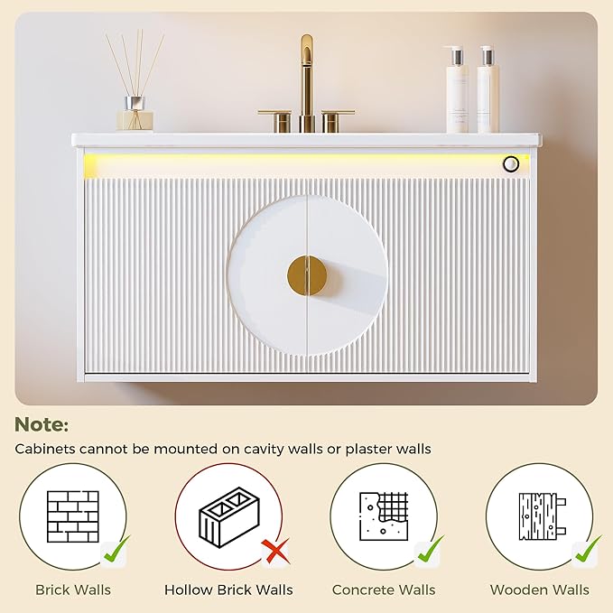 IRONCK Floating Bathroom Vanity with Sink, Mirror Medicine Cabinet, LED Strip Light, 36 Inches Modern Wall Mounted Sink Cabinets & Mirror Cabinets Set with Large Storage Space, White