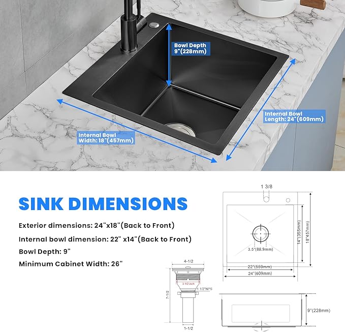 POPFLY 24 Inch Kitchen Sink, 24×18 Inch Drop In 304 Stainless Steel Black Bar or Prep Small Single Bowl Sink, 18 Gauge Handmade Outdoor Kitchen Sink with Drain Kit, Fregadero