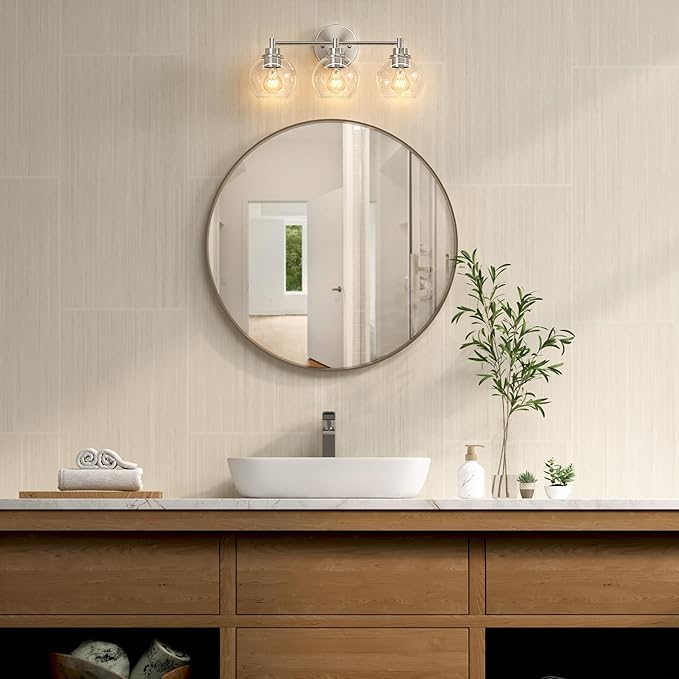 VONLUCE Bathroom Light Fixtures, 3-Light Vanity Light with Globe Glass Shades E26 Sockets, Bathroom Lights Over Mirror for Bedroom Hallway Living Room, Brushed Nickel Finish, ETL Certificated