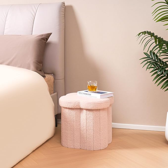 B FSOBEIIALEO Storage Ottoman Cube, Flowers Shaped Ottomans with Storage Foot Stool Footrest, Boucle Ottoman Seat for Dorm Room, Faux Teddy Fur, Pink 15"x15"x15"