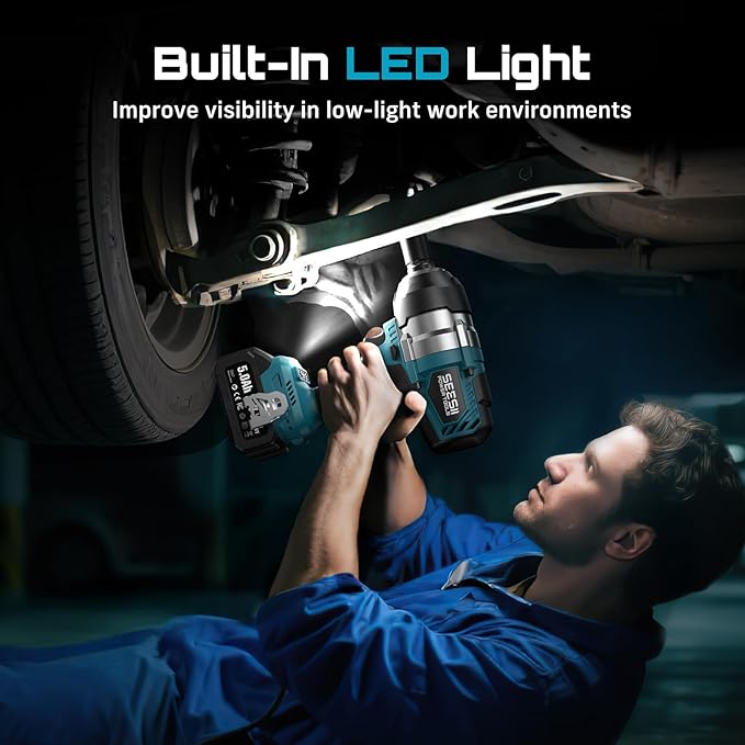 Seesii Cordless Impact Wrench, 1180Ft-lbs (1600N.m) 1/2 High Torque Brushless Impact Gun 2500IPM, 18V Power Impact Wrench, 2 * 5000mAh Battery, 4 Sockets, Variable Speeds for Car/Truck RV/Mower,WH810