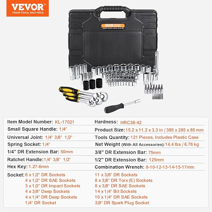VEVOR 121-Piece Mechanics Tool Set - 1/4" 3/8" 1/2" Drive Sockets - SAE and Metric Mechanic Tool Kit with Bits - Ratchet Handle, Wrenches, Accessories, and Plastic Storage Case for Automotive Repair