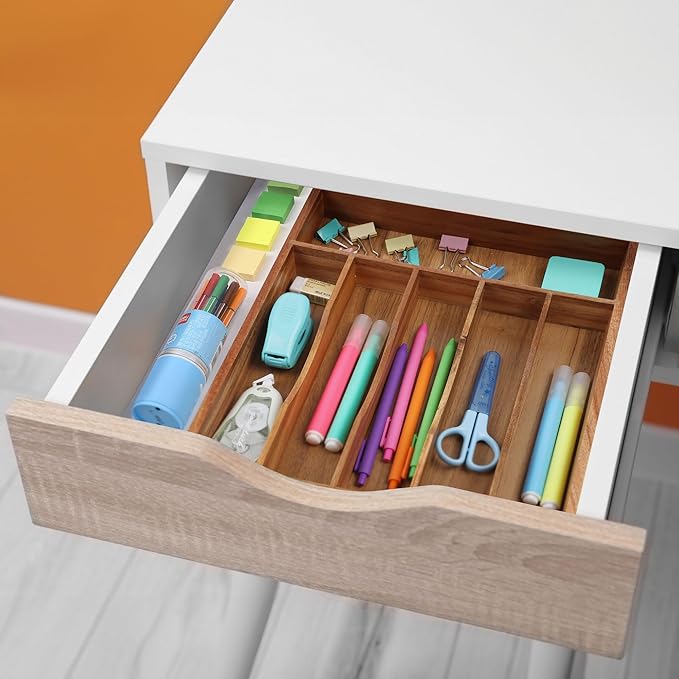 Kitchen Acacia Silverware Organizer - Extra Deep Grooved Drawer Divider, 7 Slot Utensil Organizer