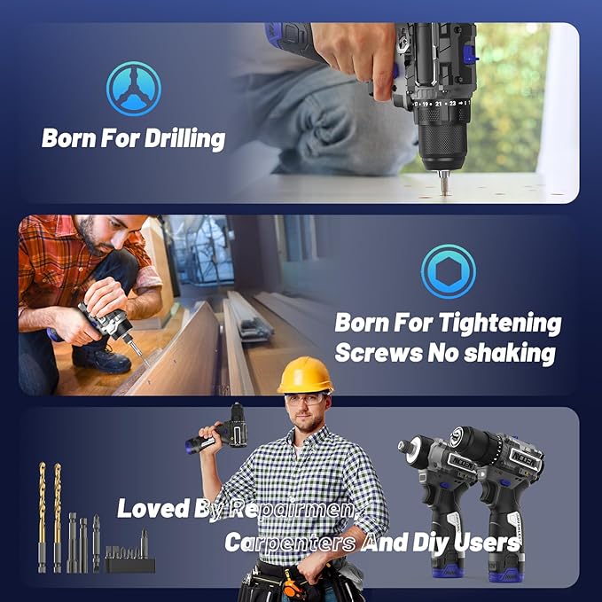 12V Cordless Drill and Impact Driver Power Tool Kits Combinados with 2 Batteries and Fast Charger (3/8"Drill & 1/4"Hex Impact Driver) for Home Installation,DIY tools