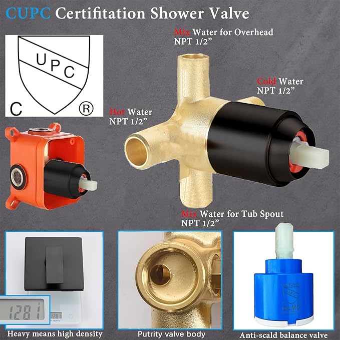 Shower Faucet Set Matte Black Rough-in Anti-Scald Pressure Balanced Valve Body Modern Luxury Wall Mounted 10 Inch Rain Mixer Shower System (Matte Black)