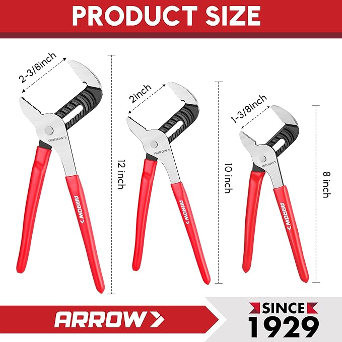 ARROW 2-Piece Groove Joint Pliers Set, Adjustable Water Pump Pliers Set (8" & 12") with 5 & 7 Jaw Positions, Serrated Jaws and Comfort Dip-grip Handle, for Plumbing Repair and Home Maintenance