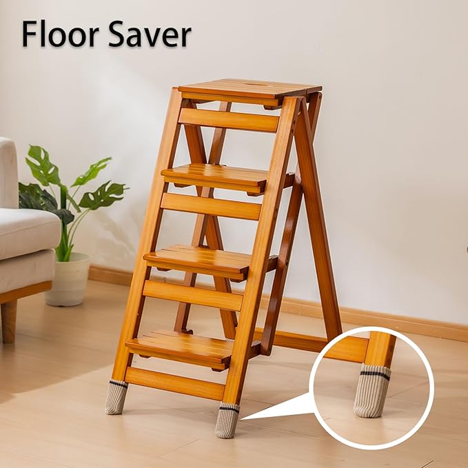 Latifolia Foldable 4 Step Ladder, Wooden Step Stool with Floor Saver, Decorative Ladder Shelf for Living Room, Kitchen, Garden(Walnut)