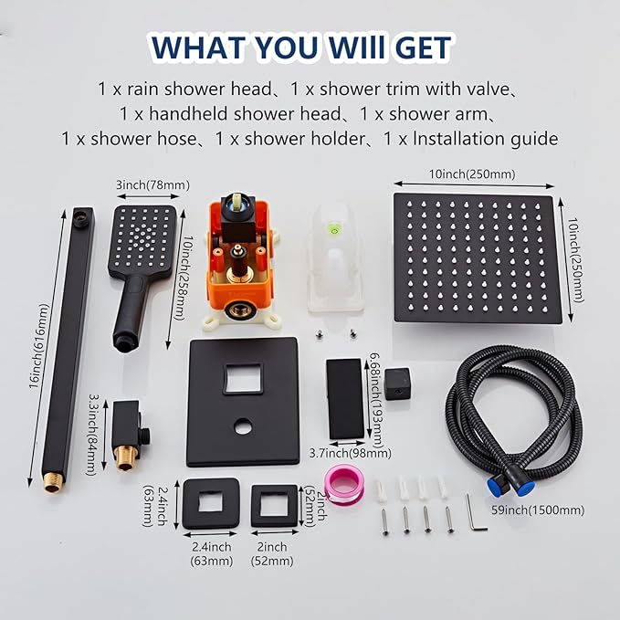 Black Shower Faucet Set, Bathroom Shower System 10 Inch Rain Shower Head and Handheld Wall Mounted, 3-Setting Handheld Shower Faucets Sets Complete with 2 Way Pressure Balance Shower Valve Kit