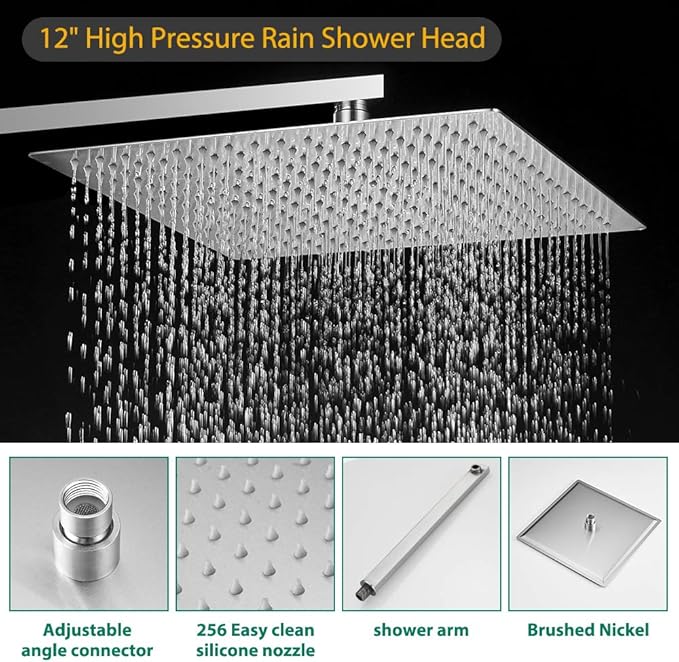 Hoimpro 12 Inch Shower System Set Bathroom Rain Shower Head Brass 2 In 1 Handheld Sprayer Wall Mounted, Rainfall Shower Faucet Spray Fixture Valve Kits Combo Showerhead, Brushed Nickel