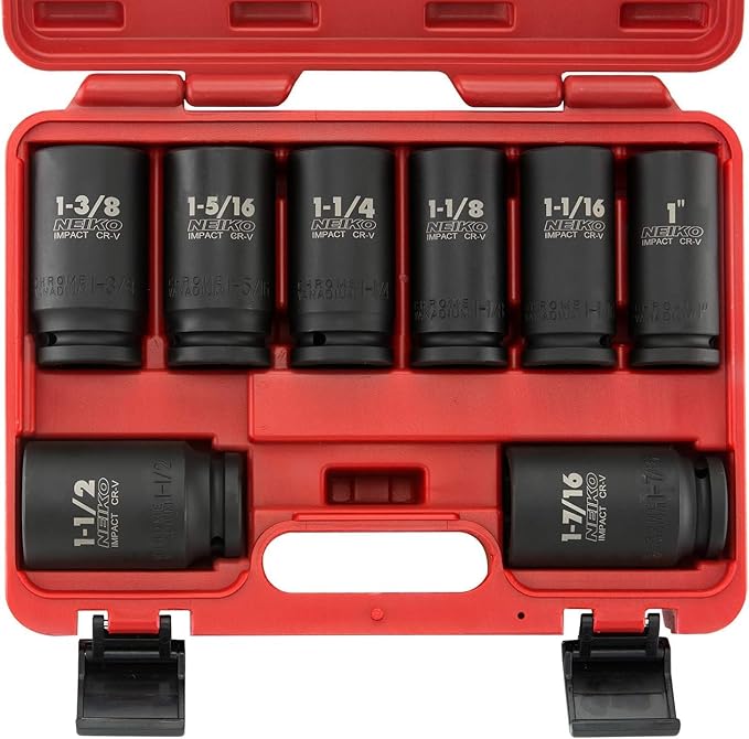 NEIKO 02461A 3/4 Inch Drive Impact Socket Set, SAE 1” to 1-1/2”, 8 PC, Deep/Jumbo Sockets, Chrome Vanadium Cr-V