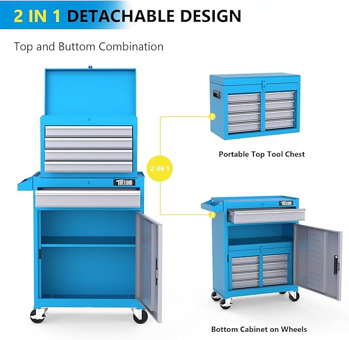 TUFFIOM 5-Drawer Rolling Tool Chest, Tool Storage Cabinet w/Drawers, Lockable Wheels, Detachable Top & Adjustable Shelf, Mechanic Tool Organizer Box for Garage, Workshop, Warehouse & Repair Shop
