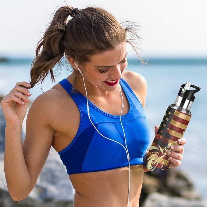 Skull Motorcycle American Flag Water Bottle - Reusable Water Bottle for Gym Bike Running Cycling 600 Milliliter 22 Ounce Stainless Steel Sports Water Bottle