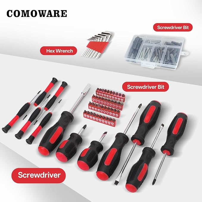 COMOWARE 218 Pcs Home Tool Kit - Basic Household Hand Tool Set, Truck Tool Kit Socket Wrench Combination Tool Set for Home with Plastic Toolbox Storage Case, Rv tool set,Red