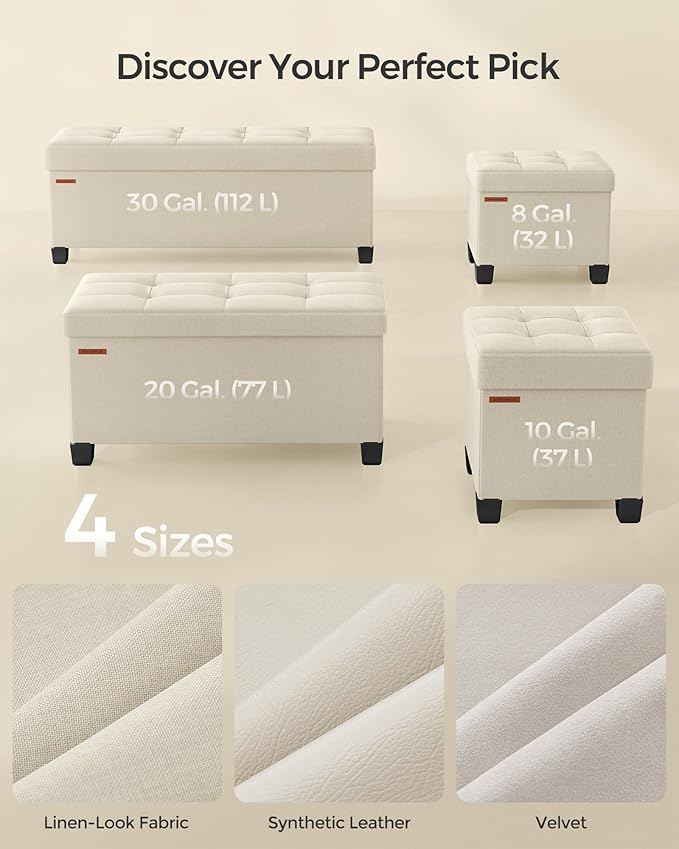 SONGMICS Storage Ottoman, Small Ottoman Foot Rest with Legs, 12.6 x 15.8 x 13.2 Inches Foot Stool, Load up to 660 lb, for Living Room, Bedroom, Dorm, Cream White ULSF012W01