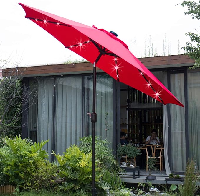Sunnyglade 9' Solar LED Lighted Patio Umbrella with 8 Ribs/Tilt Adjustment and Crank Lift System (Red)