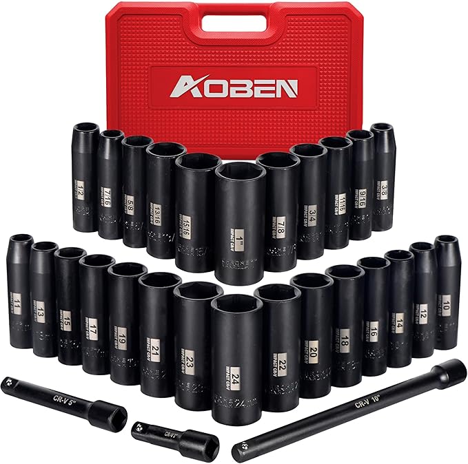 AOBEN 1/2-Inch Drive Impact Socket Set, 29 Pieces, 6 Point, SAE/Metric, (3/8" - 1", 10mm - 24mm), Deep, Cr-V Steel, Includes 3", 5", 10" Extension bars
