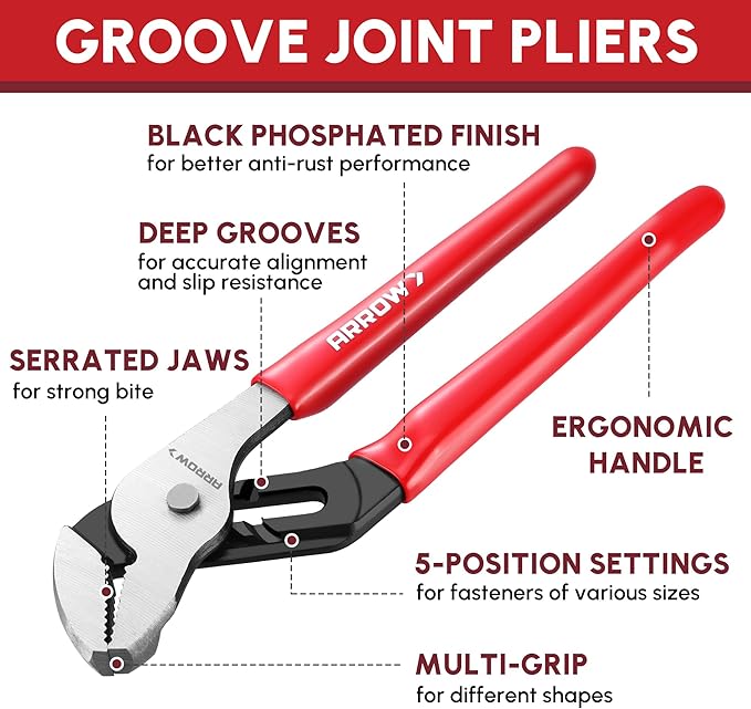 ARROW Groove Joint Pliers, 8" Adjustable Water Pump Pliers with 5 Jaw Positions, Serrated Jaws and Comfort Dip-grip Handle, Ideal for Plumbing Repair and Home Maintenance