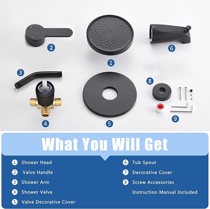 Tohlar Black Shower Faucet Set with Valve, 6-Inch Rain Shower Head and Faucet Combo, Single Handle Tub and Shower Trim Kit with Tub Spout, Matte Black