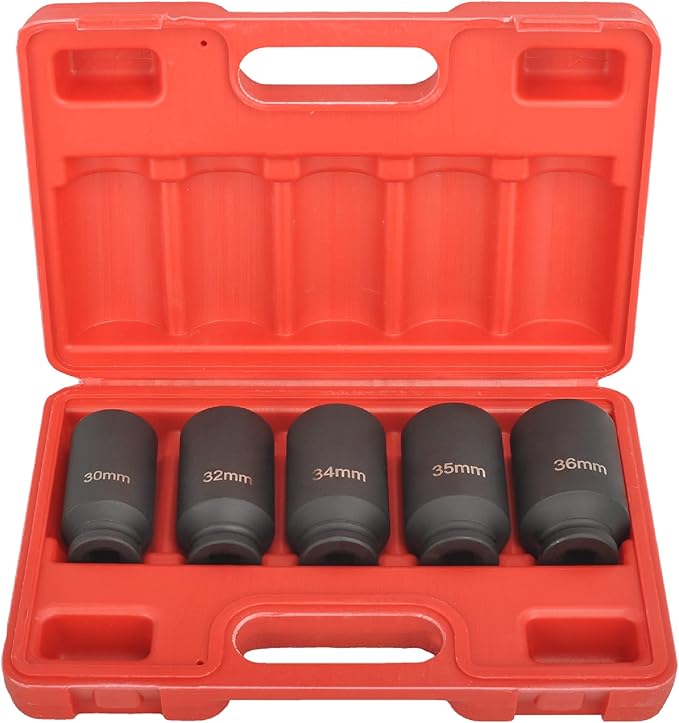 1/2" Drive 12 Point Impact Socket Set 5PCS Deep Impact Socket Set 30mm,32mm,34mm,35mm,36mm CR-MO Heavy-duty Axle Nut Socket Set with Portable Case,Black