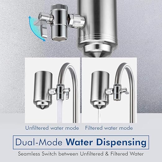 Stainless Steel Faucet Water Filter - Sink Tap Filter - 360° Rotating Faucet Filter Water Purifier - Sink Water Filter Faucet Filter for Kitchen or Bathroom - Filtration Removes Chlorine & Limescale