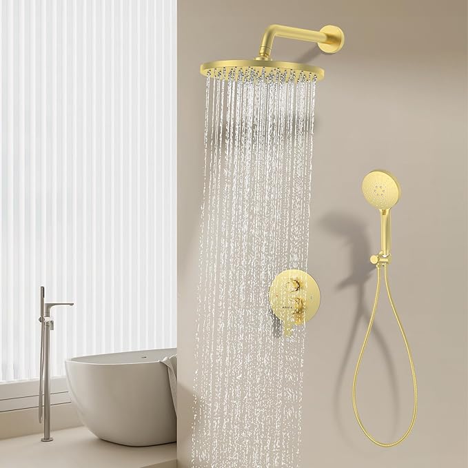 KOJOX Shower Set - Brushed Gold Finish, Powerful High Pressure Showerhead System with 3 Adjustable Settings and Handheld Capability, Valve Included