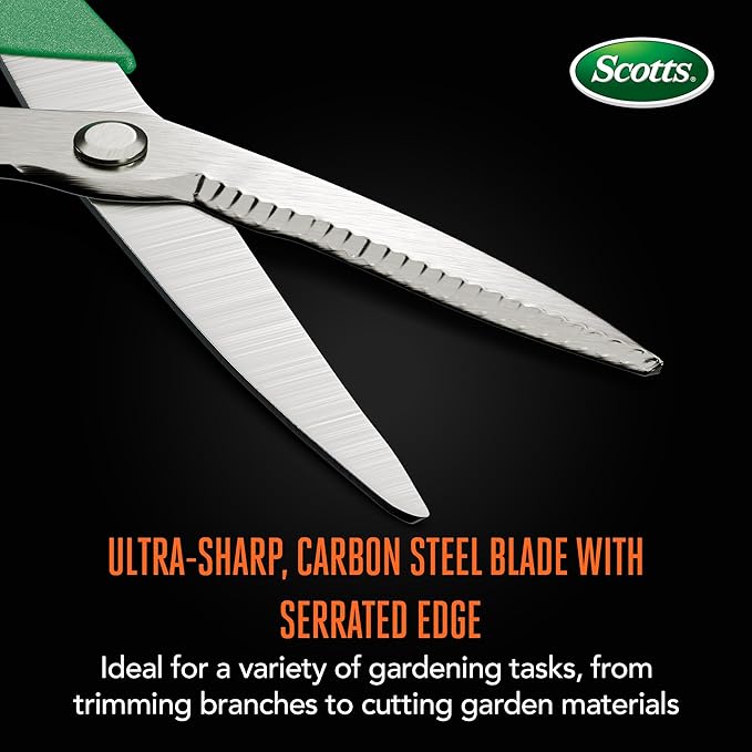Scotts 8 in. All-Purpose Steel Garden Utility Shears with Serrated Blades – Comfort Grip Yard and Garden Scissors for Pruning Plants, Flowers, and Herbs
