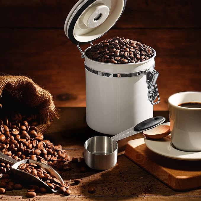ShanSon Coffee Canister Airtight Coffee Container Stainless Steel Coffee Bean Storage Container with CO2 Release Valve and Scoop Coffee Canister for Beans,Grounds,Sugar,Flour,Tea,Cereal,16OZ,Off-White