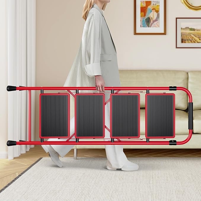 KINGRACK 4 Step Ladder, Folding Step Stool with Anti-Slip and Wide Pedal, Lightweight Stepladder with Handrails, Portable for Kitchen, Household, Red